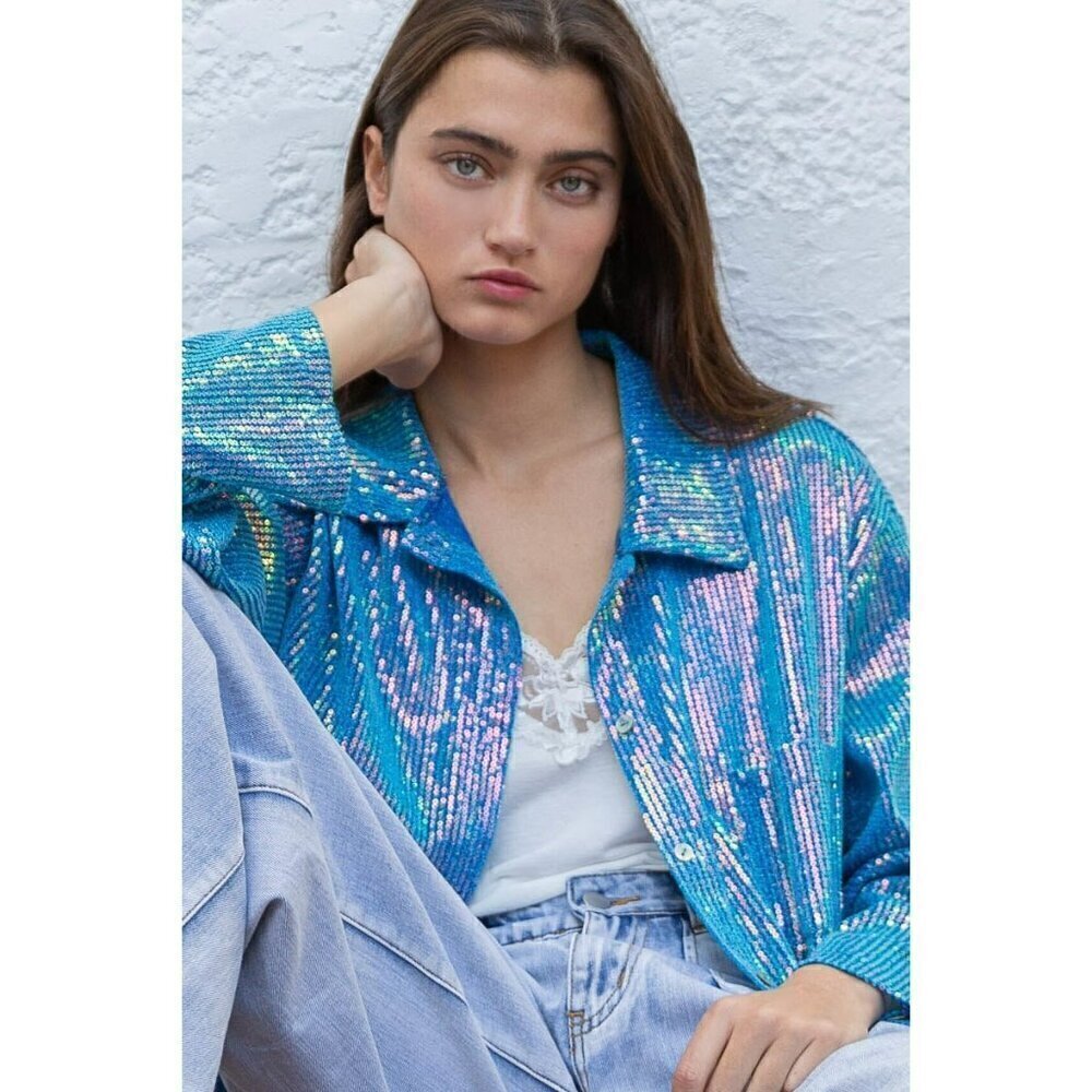 Life's a Party Sequin Button-Up Shirt in Ocean Blue - Picture 10 of 11